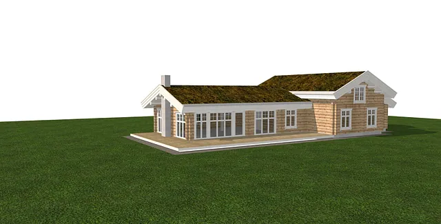 3D-illustrasjon av tømmerhytte med torvtak, store vindusflater og romslig terrasse.