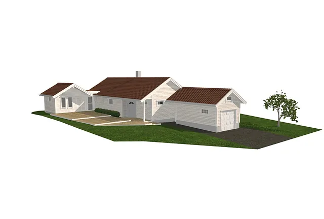 3D-illustrasjon av enebolig med garasje, terrasse og opparbeidet uteområde på flat tomt.