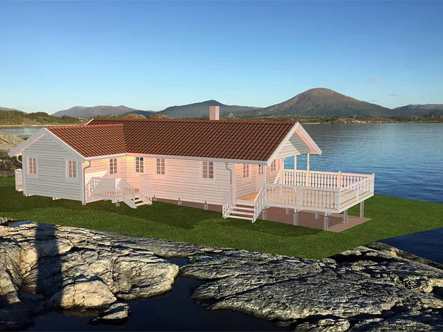 Visualisering av hytte ved sjøen med terrasse, utsikt mot fjell og kystlandskap i bakgrunnen.