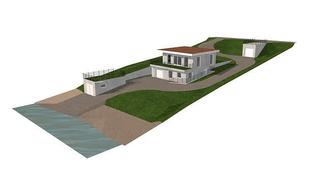 3D-illustrasjon av hytte med garasje og naust ved strandlinje i skrånende terreng.