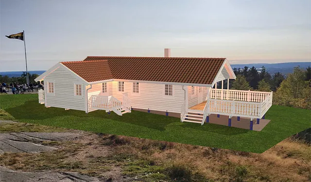 Visualisering av hytte med terrasse og fjellutsikt, plassert i åpent landskap på høyde.
