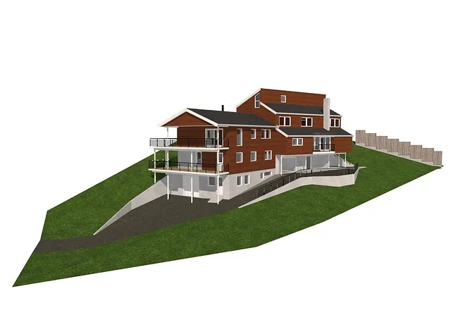 3D-illustrasjon av mørk enebolig med tilbygg, kjellerinngang og rekkverk rundt uteareal.