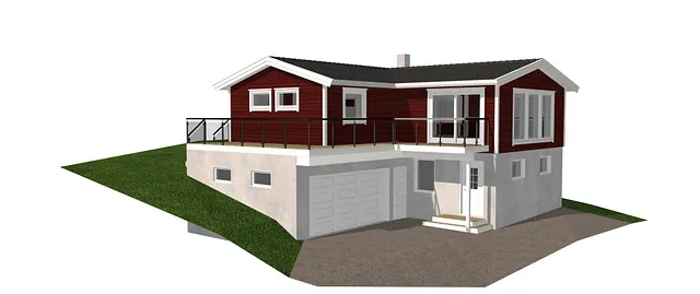 3D-illustrasjon av enebolig med garasje i sokkeletasje og terrasse med glassrekkverk.