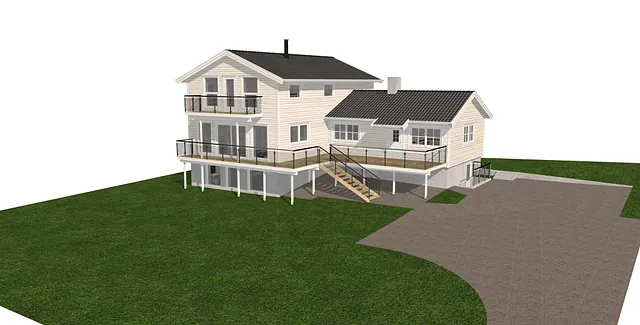 3D-illustrasjon av enebolig med stort tilbygg, flere terrasser og balkonger i høyden.