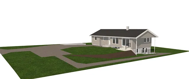 3D-illustrasjon av enebolig med sokkeletasje, opparbeidet gårdsplass og terrengtilpasning.
