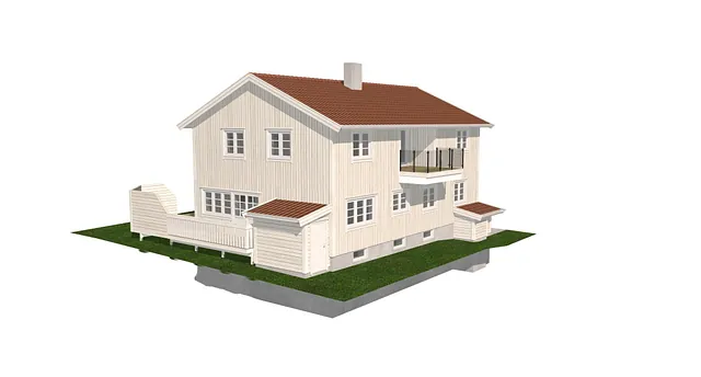 3D-illustrasjon av bolig med påbygg, balkong, bodløsninger og opparbeidet uteareal.