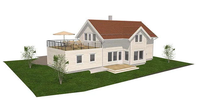 3D-illustrasjon av enebolig med takterrasse, store vindusflater og opparbeidet hage.