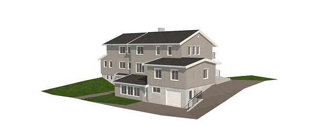 3D-illustrasjon av bolig med flere bygningsdeler, garasje og opparbeidet adkomstvei.