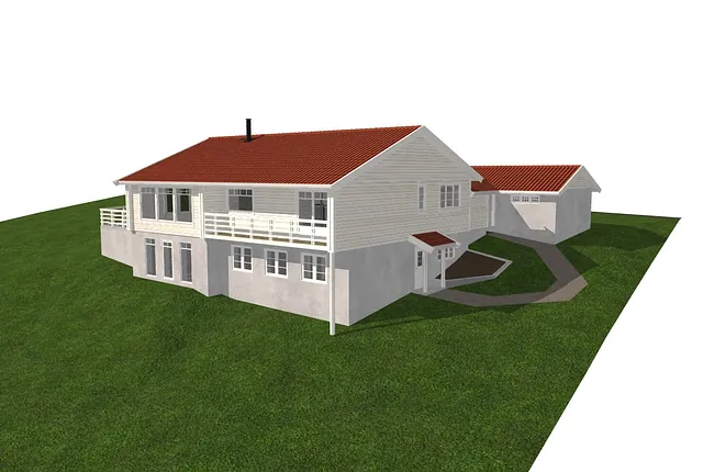 3D-illustrasjon av enebolig med kjelleretasje, veranda og frittstående garasje på tomt.