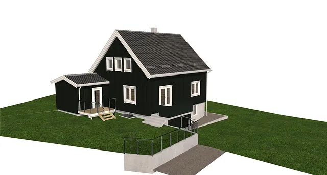 3D-illustrasjon av mørk enebolig med tilbygg, kjellerinngang og rekkverk rundt uteareal.