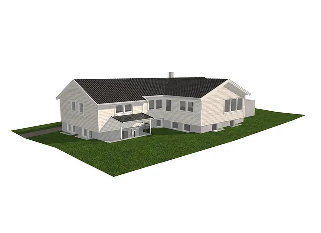 3D-illustrasjon av bolig med tilbygg, overdekket inngangsparti og sokkeletasje.