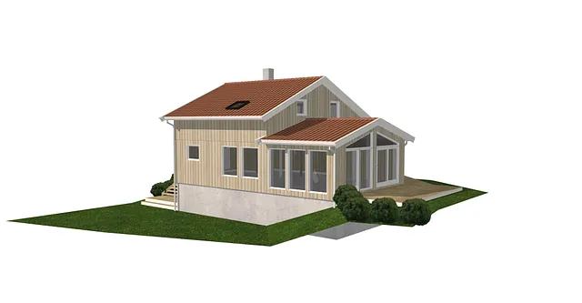 3D-illustrasjon av enebolig med tilbygg, store glassflater og overbygd terrasse.