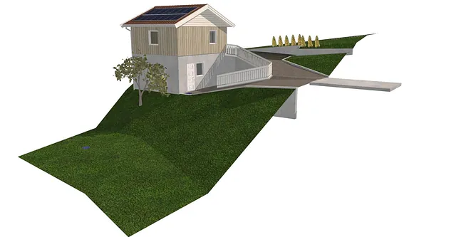 3D-illustrasjon av garasje med solcellepaneler, kjelleretasje og adkomst i skrånende terreng.