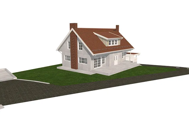 3D-illustrasjon av ny carport med bod, saltak og tilknytning til eksisterende bolig.