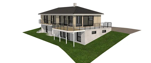 3D-illustrasjon av moderne bolig med sokkeletasje, stor terrasse og glassrekkverk rundt uteareal.
