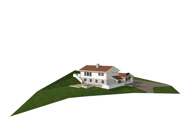 3D-illustrasjon av bolig med terrasse, terrengtilpasning og opparbeidet uteområde i skråning.