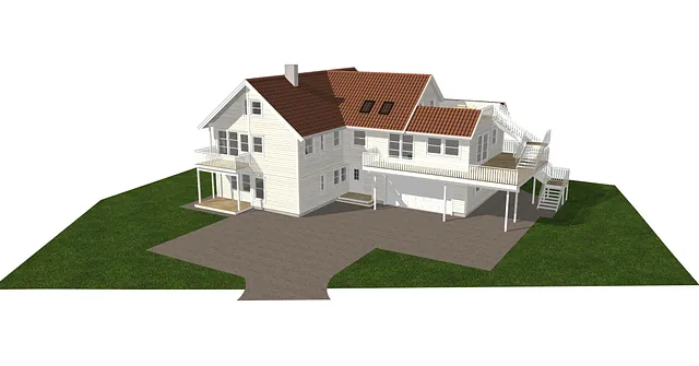 3D-illustrasjon av stor bolig med flere terrasser, balkonger og integrert garasjeløsning.