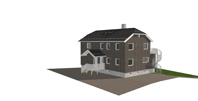 3D-illustrasjon av ombygget bolig med flere etasjer, utvendig spiraltrapp og takvinduer.