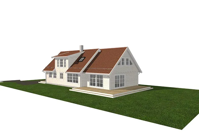 3D-illustrasjon av enebolig med tilbygg, takvinduer og romslig terrasse rundt boligen.