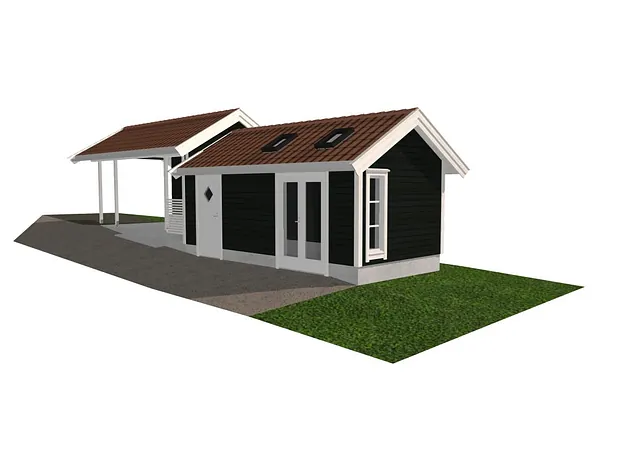 3D-illustrasjon av ny carport med bod, saltak og tilknytning til eksisterende bolig.